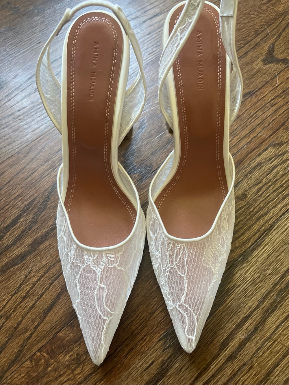 Amina Muaddi Ivory Lace Pointed Slingback Pumps 70 mm Signature Heel